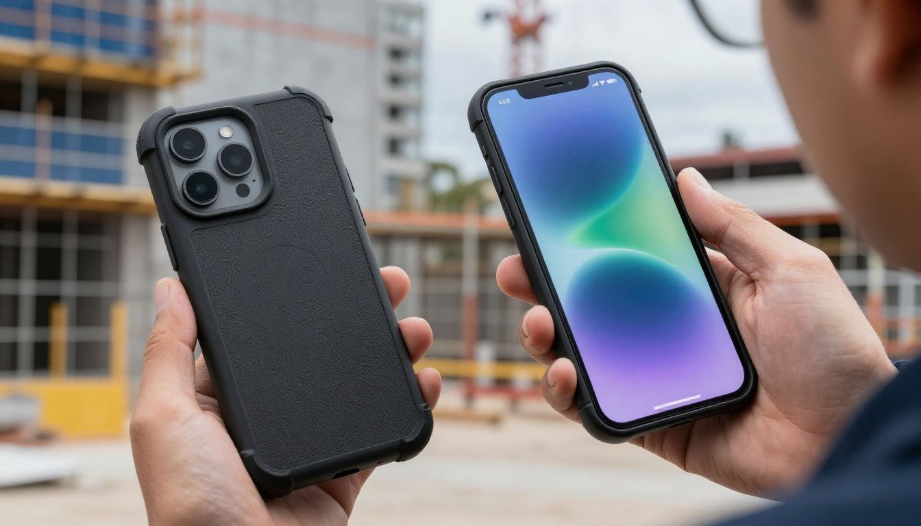 A tradie in high-vis workwear checking their iPhone 16, which is protected by a rugged case, on a construction site in Australia.