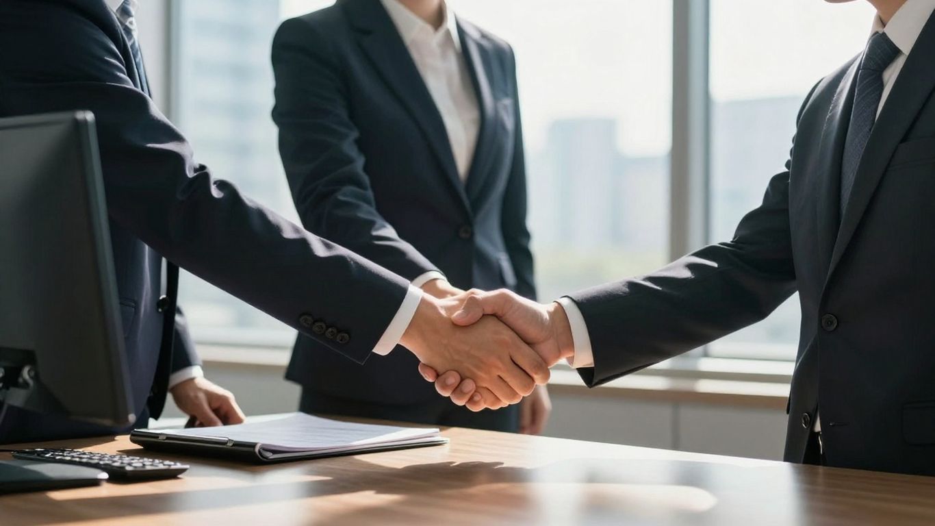 Business professionals shaking hands in a modern office.