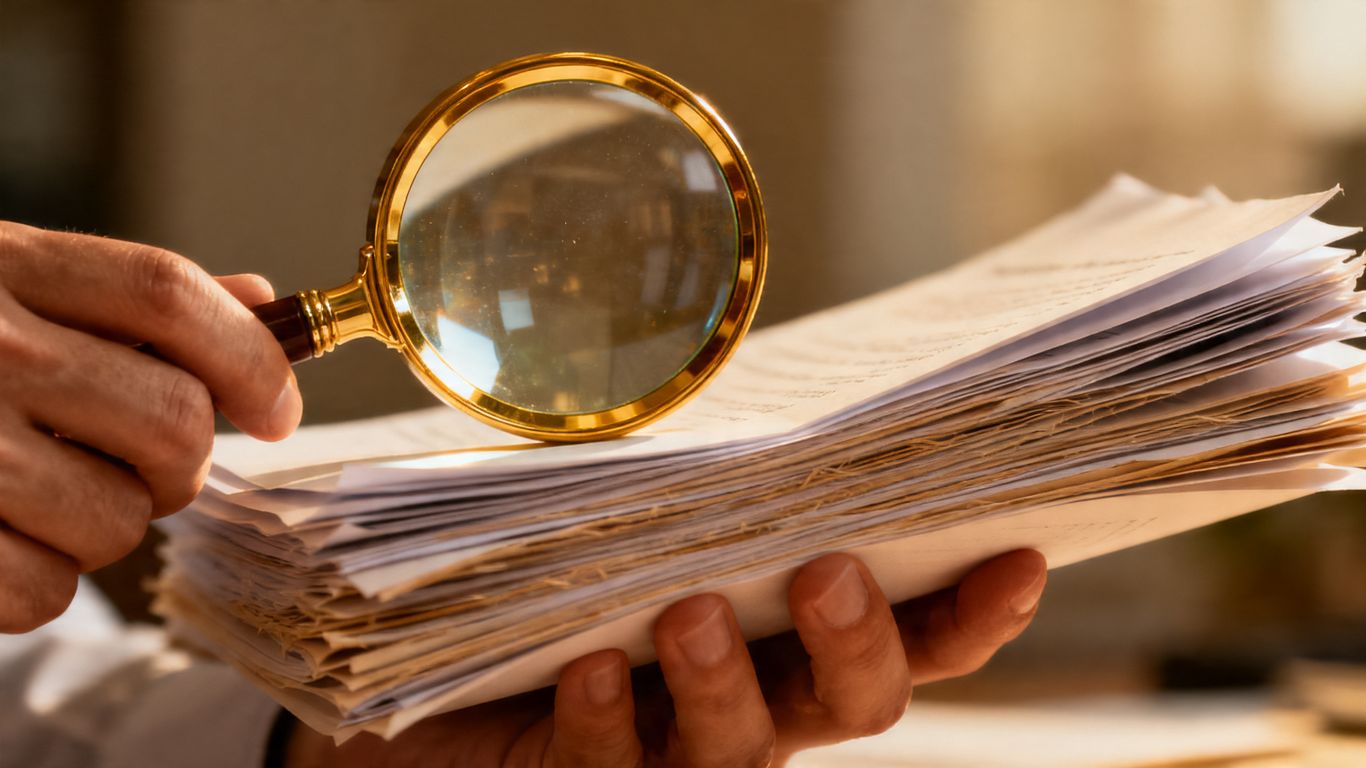 Magnifying glass over financial documents.