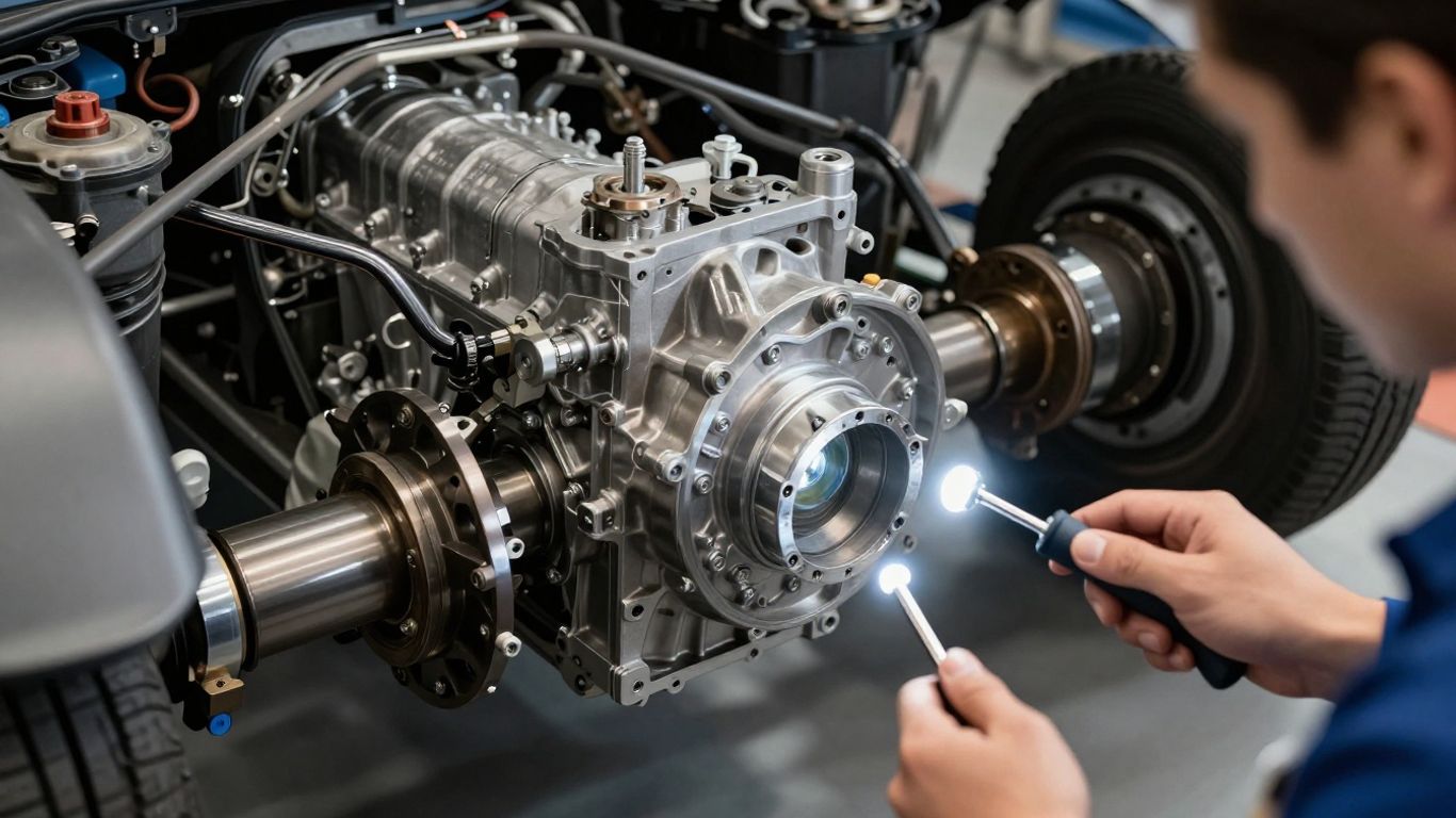 Technician inspecting a Renault axle and transmission