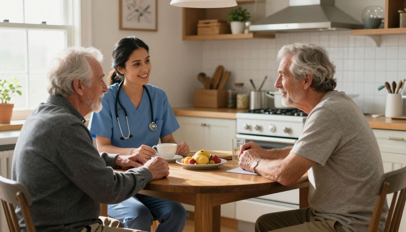 A compassionate female nurse in her 40s, of Hispanic descent, sits at a kitchen table talking warmly with an elderly white man, her patient. Sunlight streams through a nearby window, illuminating the comfortable, lived-in home setting.