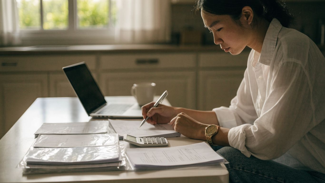 Homebuyer reviewing mortgage papers at a kitchen table