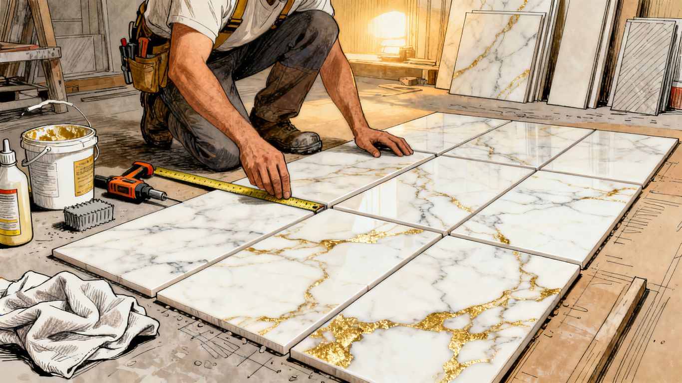 Instalador preparando baldosas de mármol Calacatta Gold