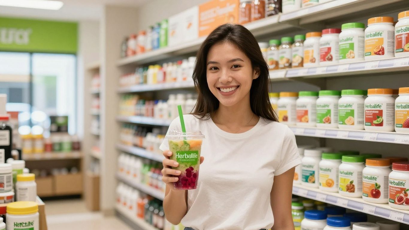 Herbalife shake shop interior with products and a shake.