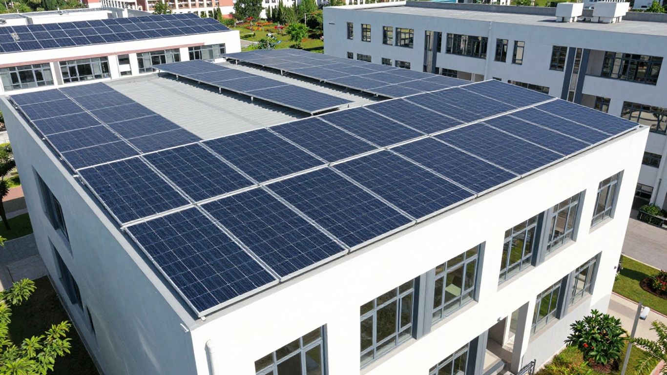 School building with solar panels and greenery.