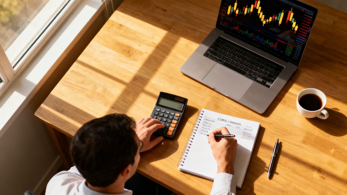 Trader reviewing course costs beside market charts
