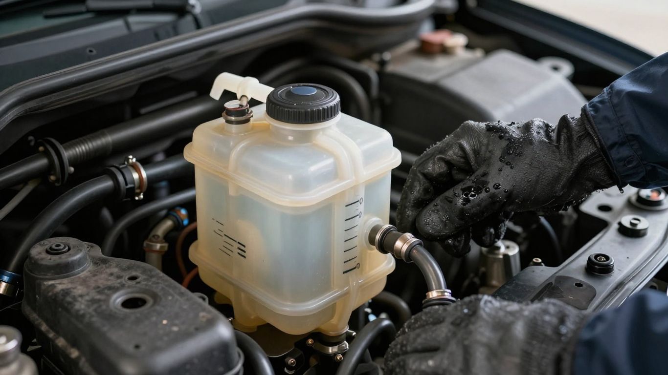 Open engine bay showing power steering reservoir