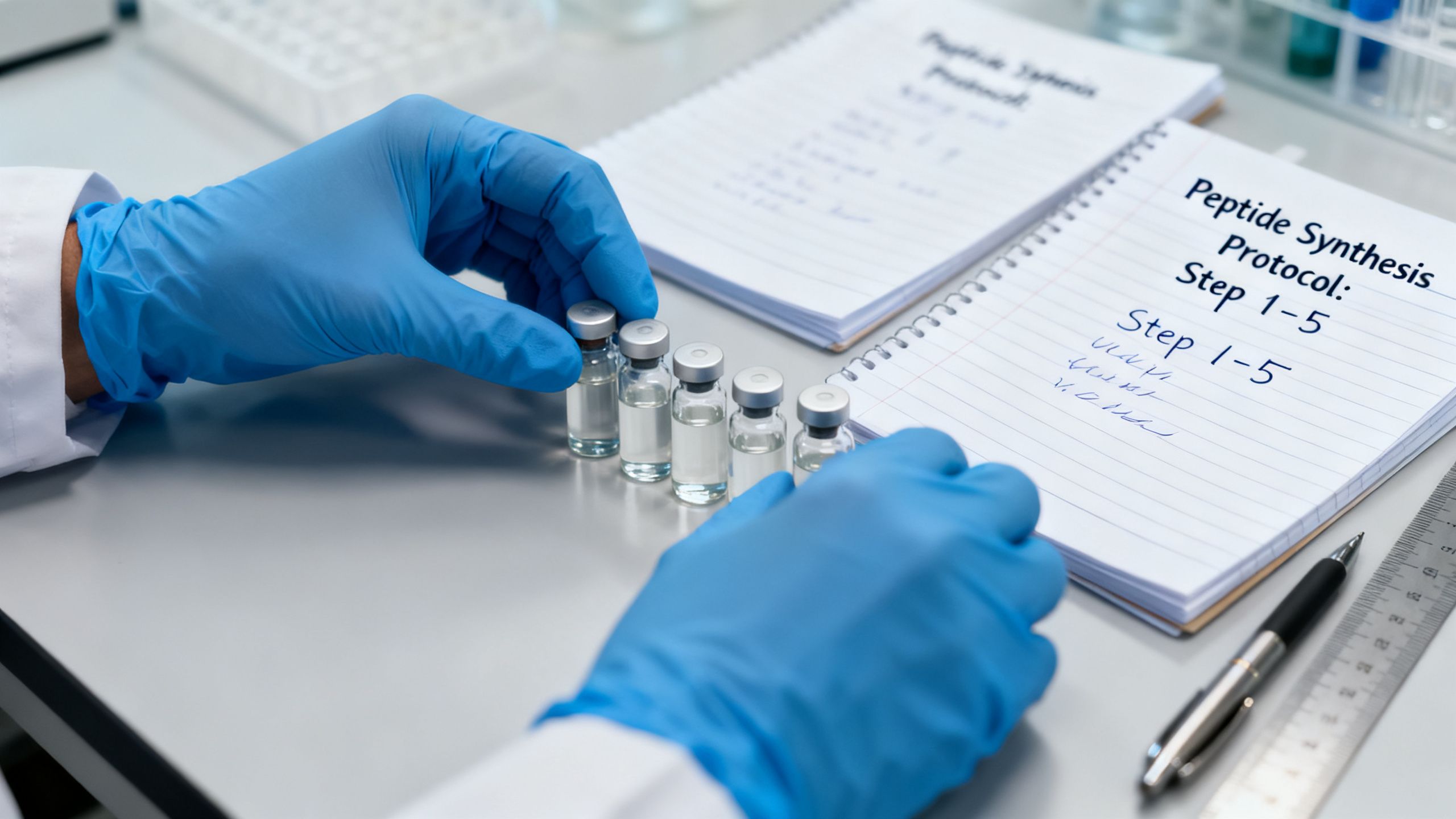 Hands organizing peptide vials, notepads with protocols written, focused planning
