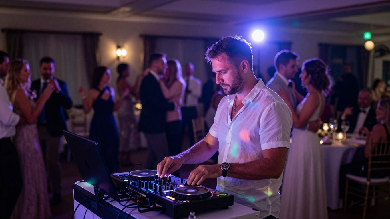 Wedding DJ at console with guests dancing and couple at head table.