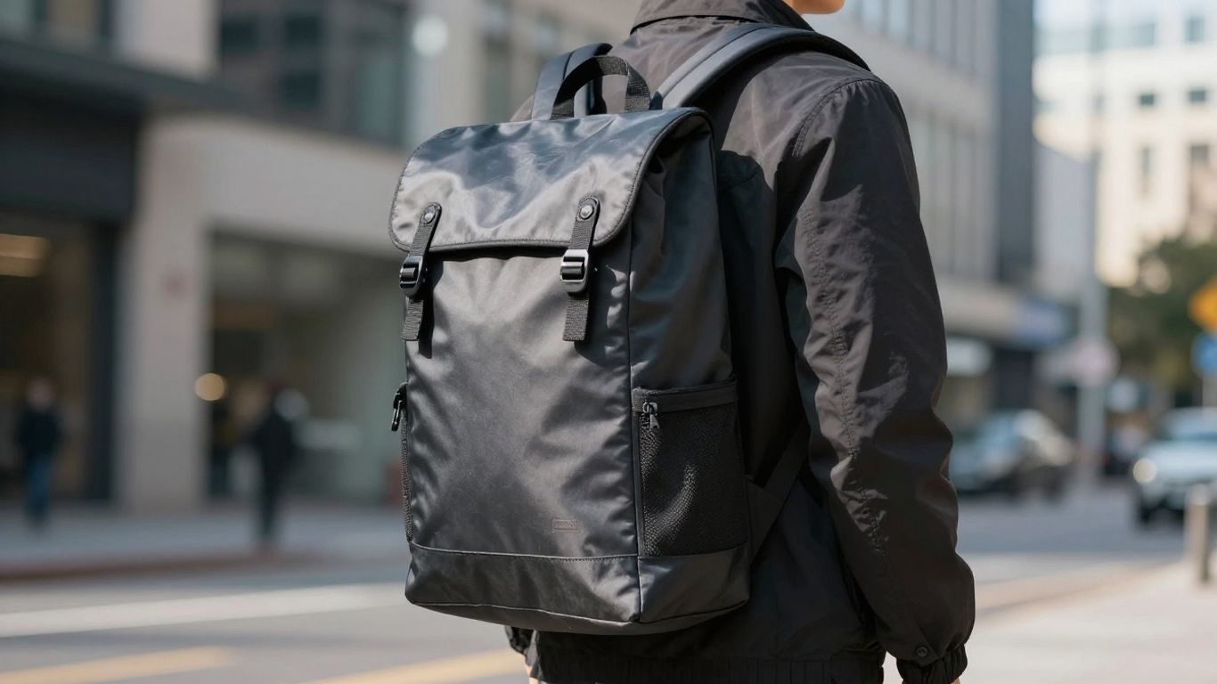 Person wearing a modern sling backpack in an urban setting.
