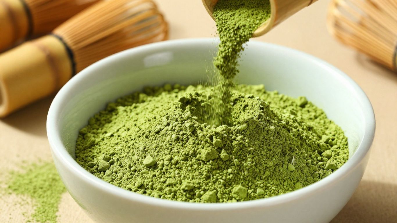 Premium Japanese matcha powder in a bowl with whisks.