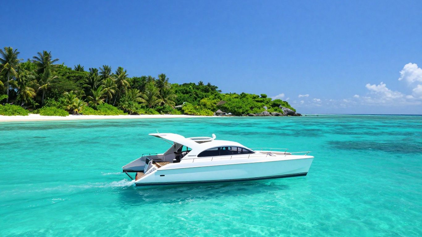 Catamaran sailing in clear turquoise waters near tropical islands.