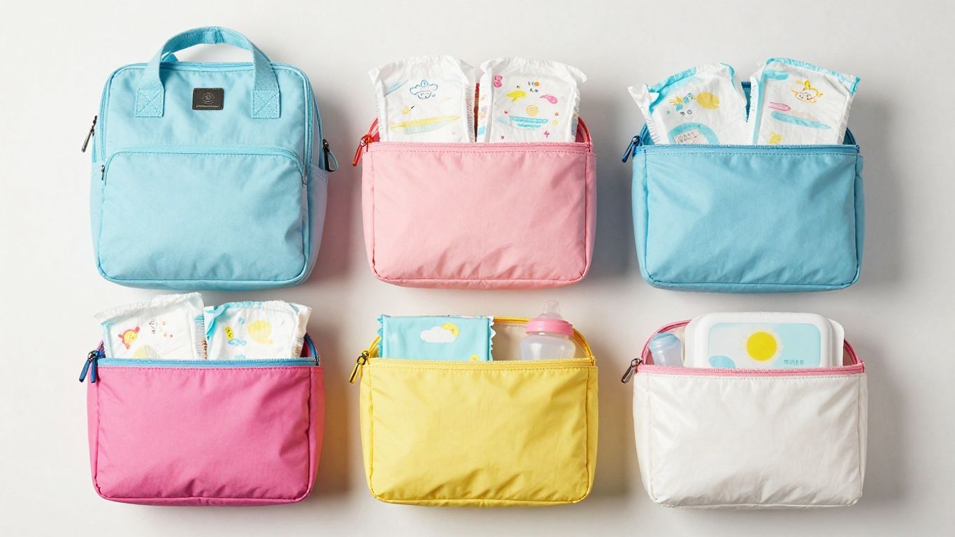 Organized diaper bag with colorful pouches and baby essentials.