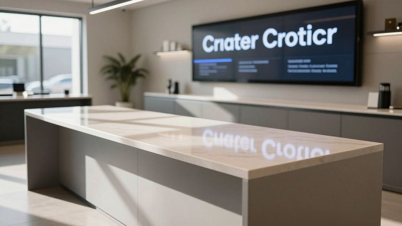 Sleek countertops in a modern showroom with digital ad display.