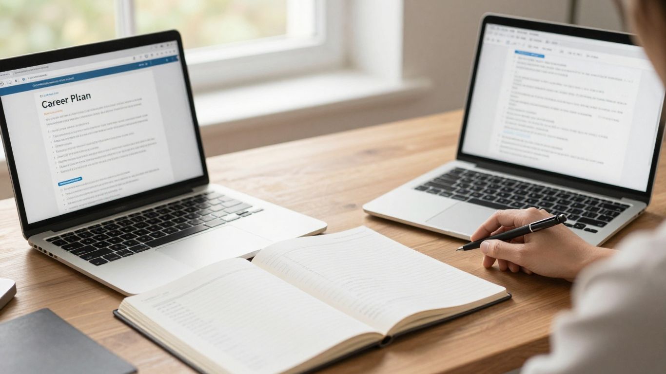 Organized career planning workspace with laptop