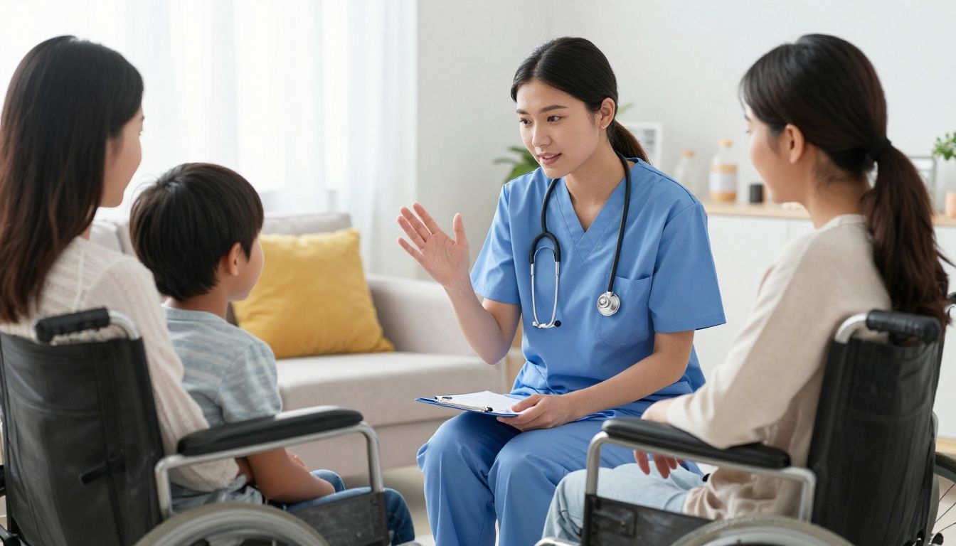 A compassionate nurse sits with a young child in a wheelchair in their bright, welcoming living room, discussing a care plan with the child's parent.