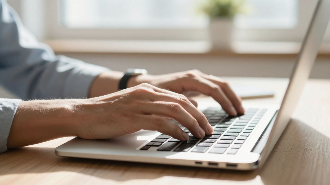 Hands typing on a laptop keyboard.