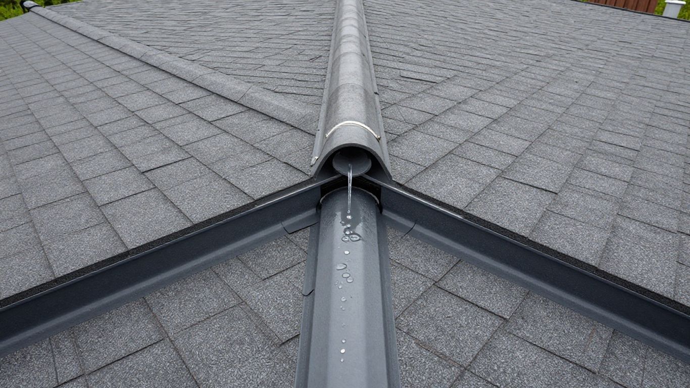 Roof valley with flowing water and visible shingles.