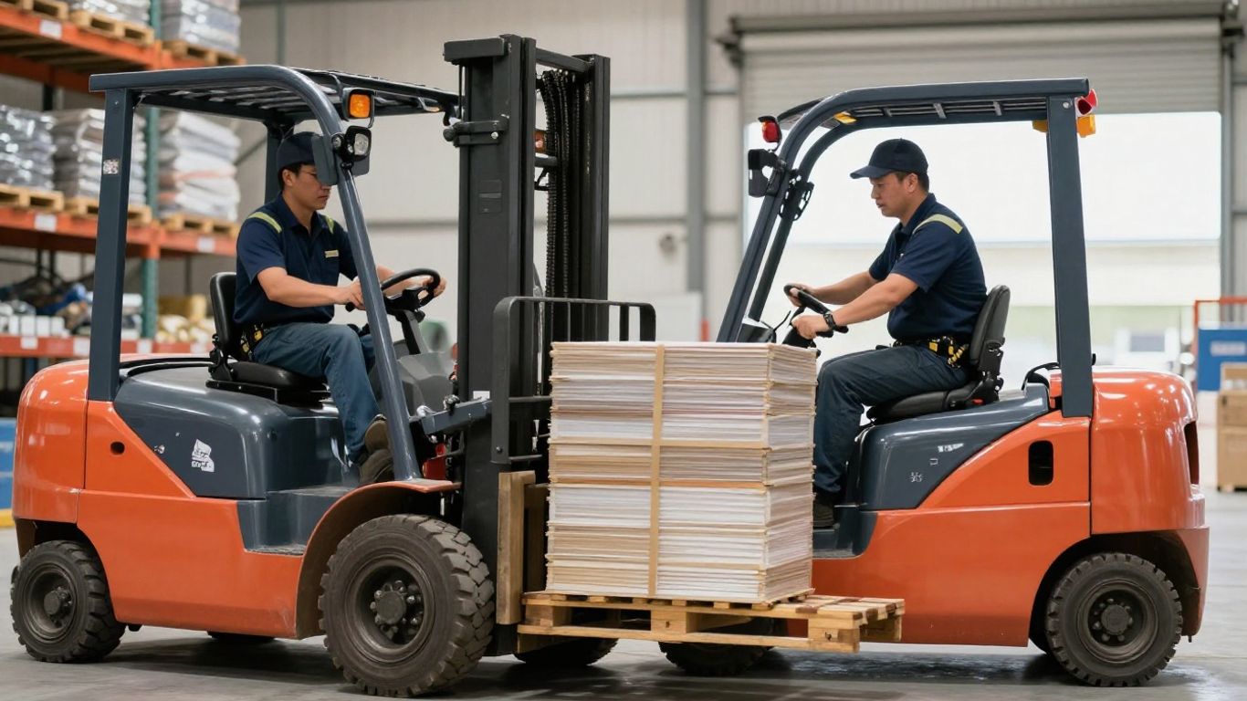 ภาพรถโฟล์คลิฟท์กำลังยกสินค้าในคลังสินค้า