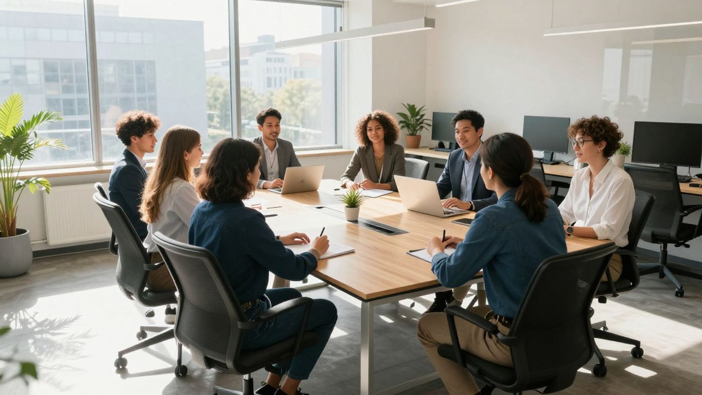 Team collaborating in a bright, modern office.