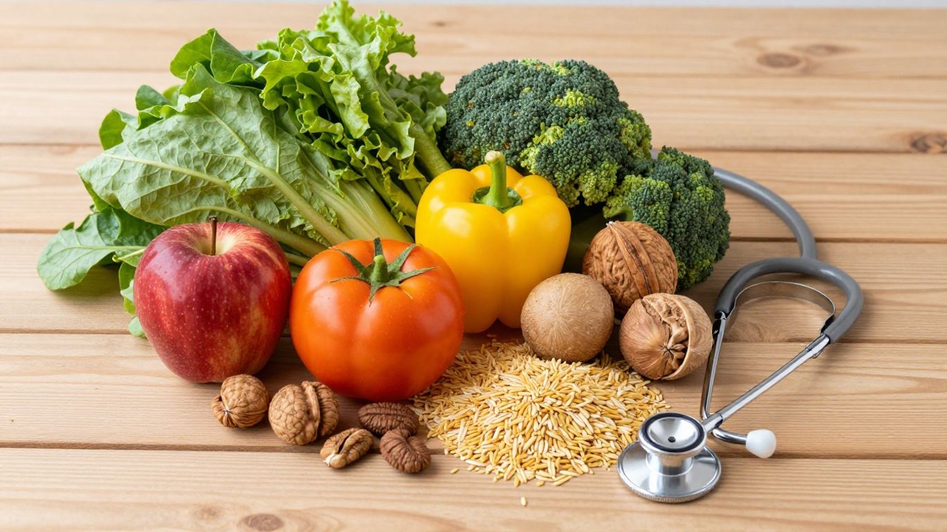 Heart-healthy foods and stethoscope on wooden table.