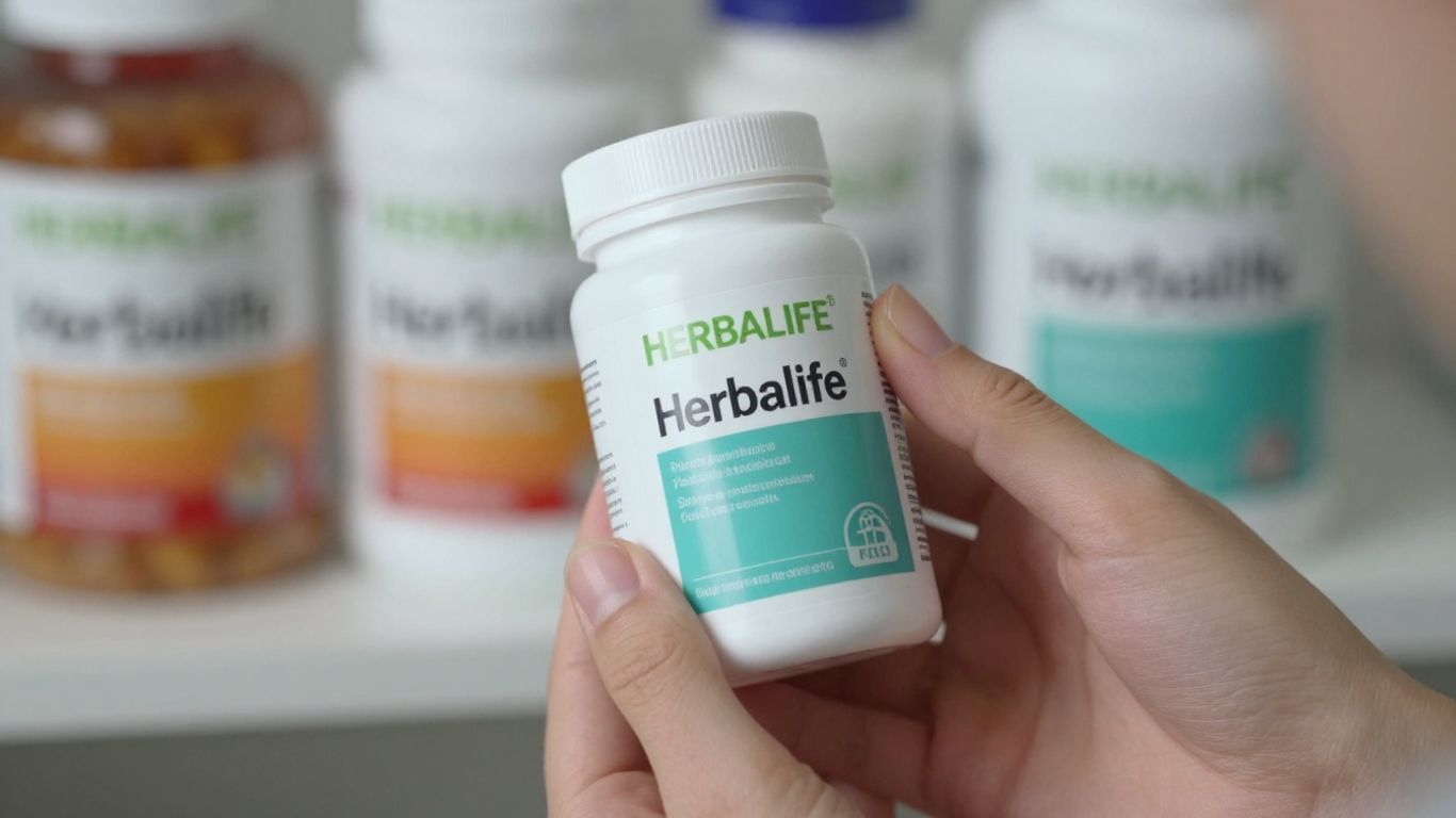 Herbalife product in hand with supplements.