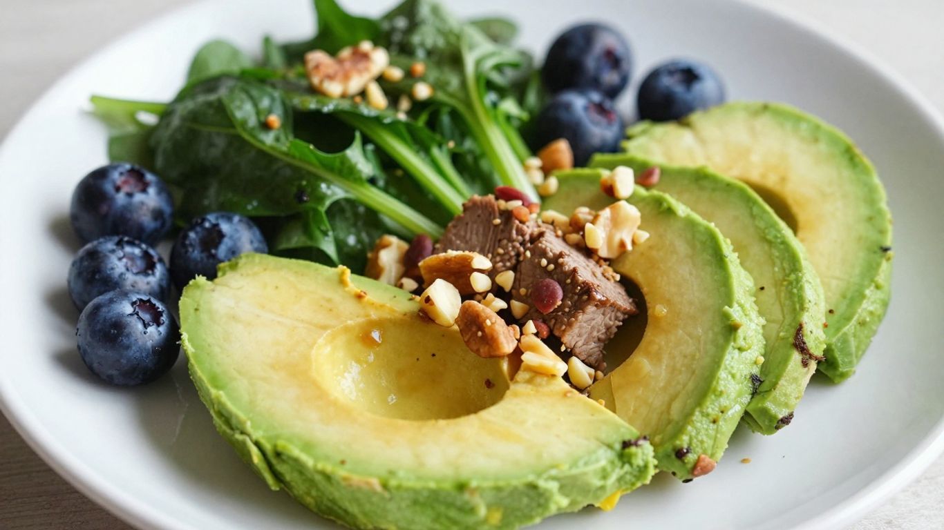 Balanced meal with protein, fat, and fiber elements.