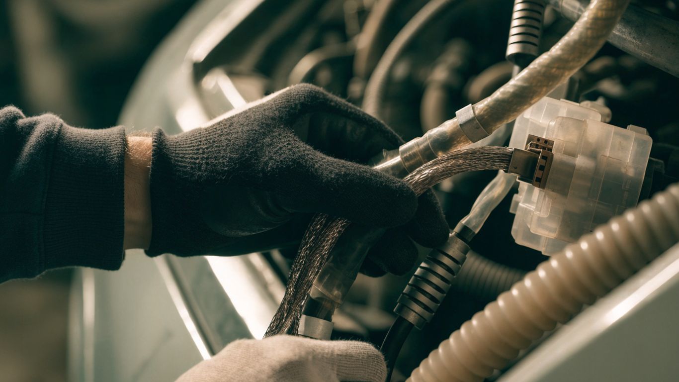 Hands tracing a protected automotive wiring harness