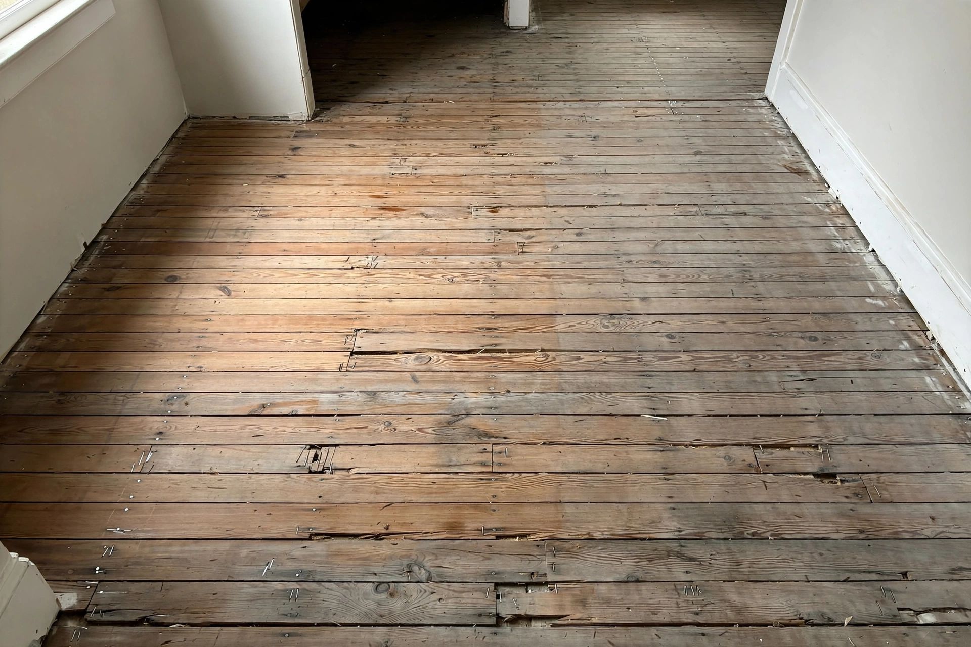 A clean bare subfloor with original boards visible after the carpet and underlay have been removed