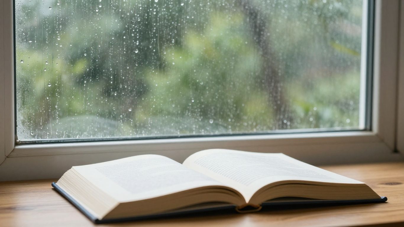 Raindrops on a window with books on a desk.