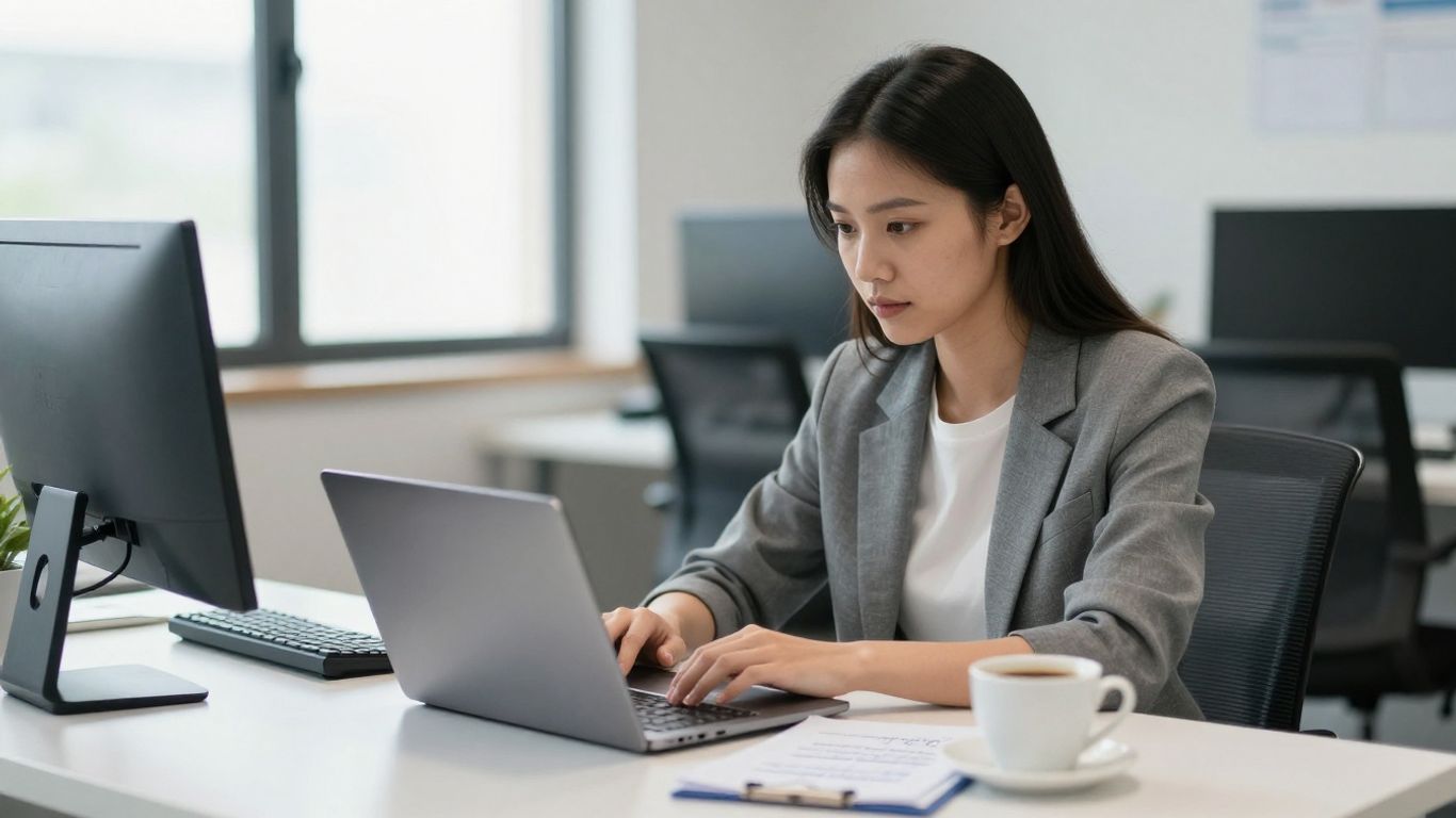 Professional reviewing job matches on a laptop