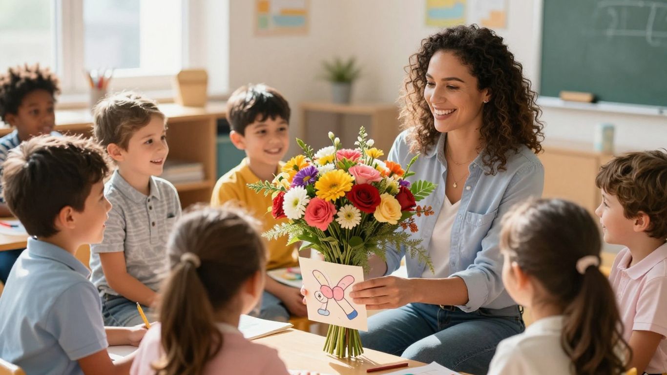 Students give teacher flowers and a card.