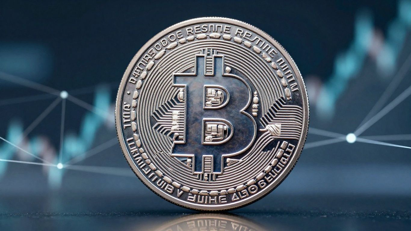 Bitcoin coin with futuristic financial network background.