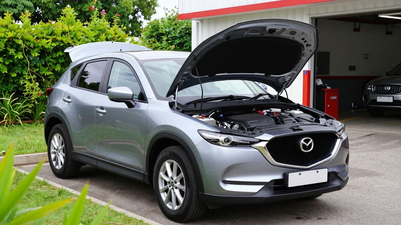 Mazda CX-5 with engine exposed at repair shop