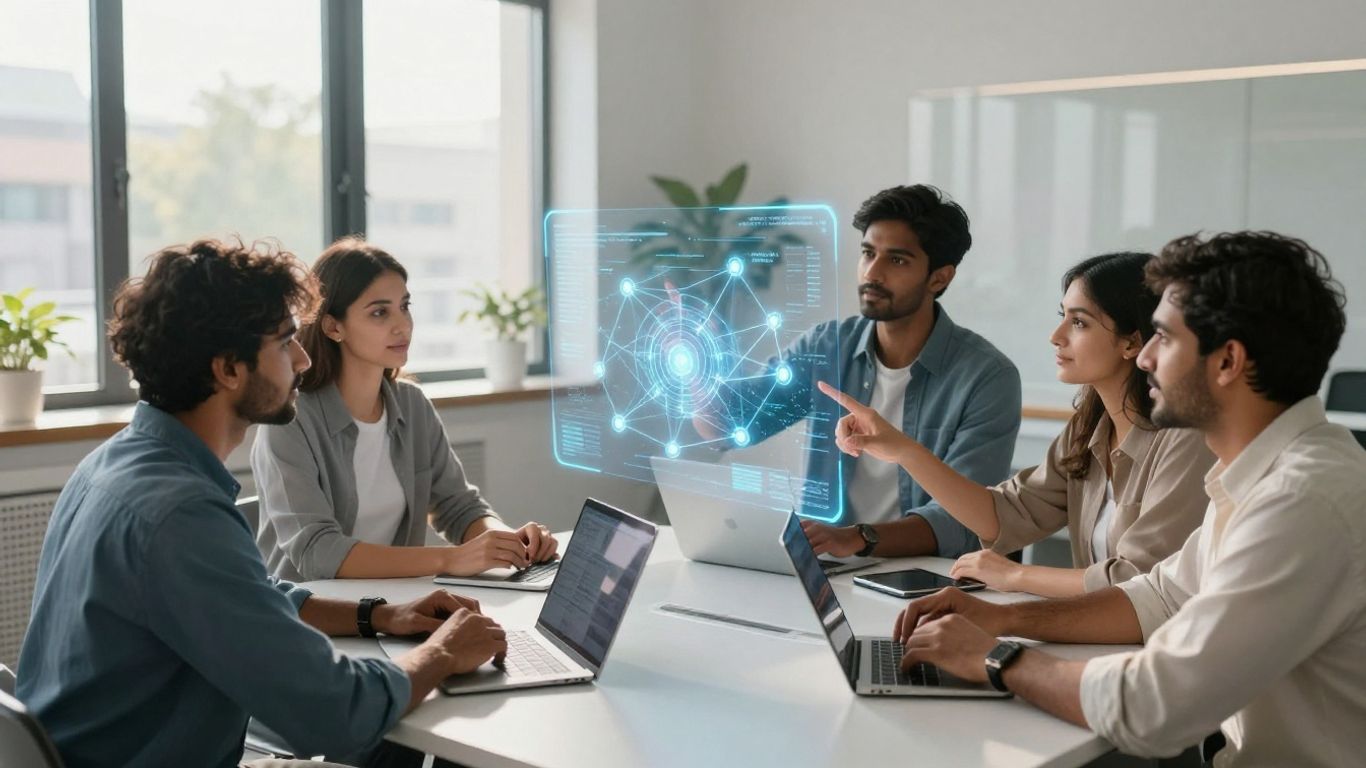 Team collaborating on IT support services with holographic interface.