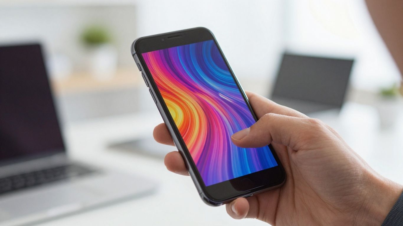 Hands holding smartphone with abstract digital pattern on screen.