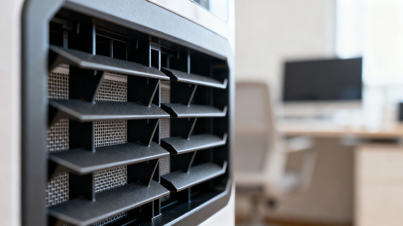 Close-up of a high-efficiency dehumidifier air intake