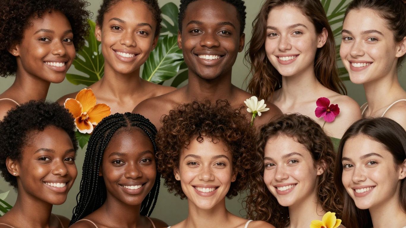 Diverse skin tones with natural ingredients for radiant skin.