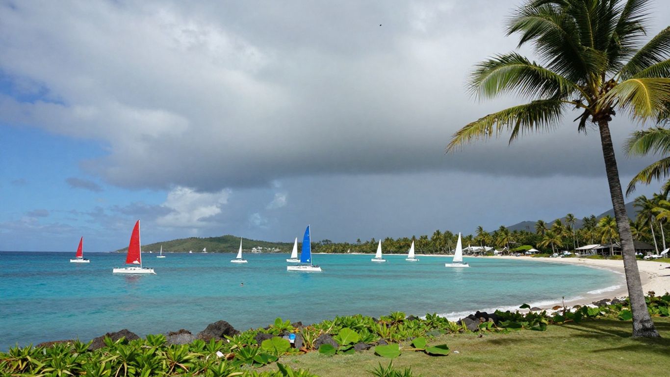 British Virgin Islands bay with stormy skies and palm trees.