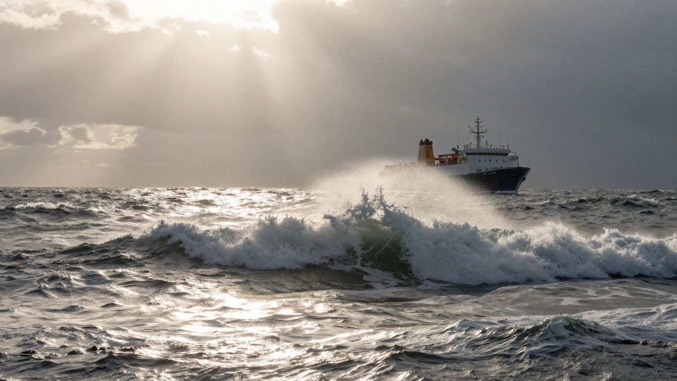 Ship navigating rough seas towards calmer waters.