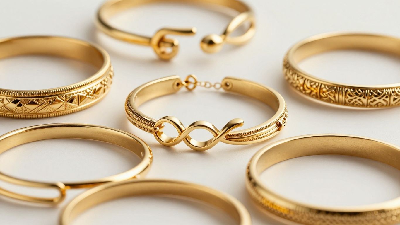 Contemporary gold bracelets with modern designs.