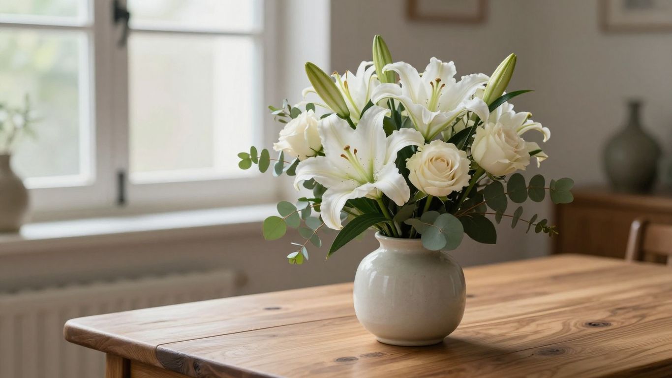 Soft sympathy flowers beside a quiet window