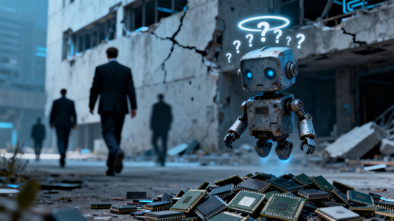 Robot looking confused over discarded computer parts.