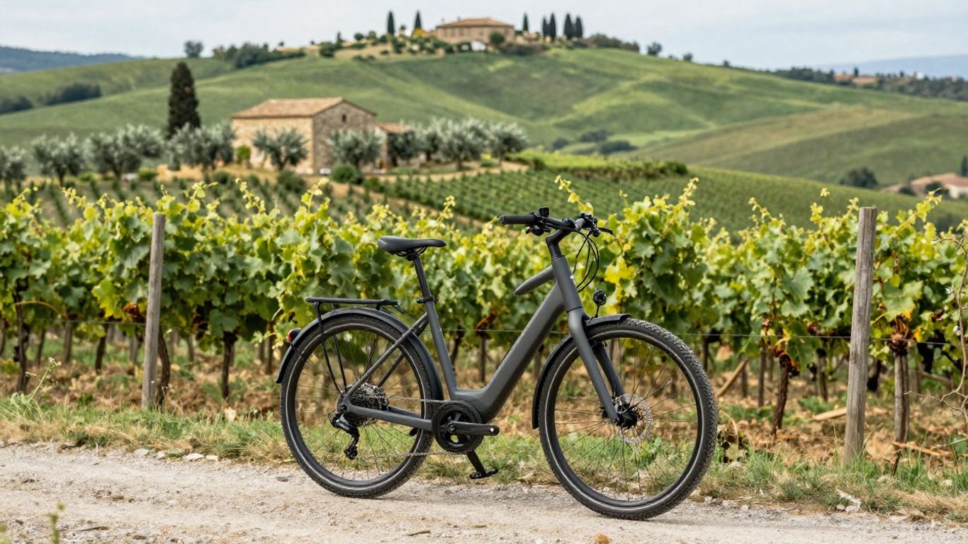 E-bike resting beside a Marche vineyard