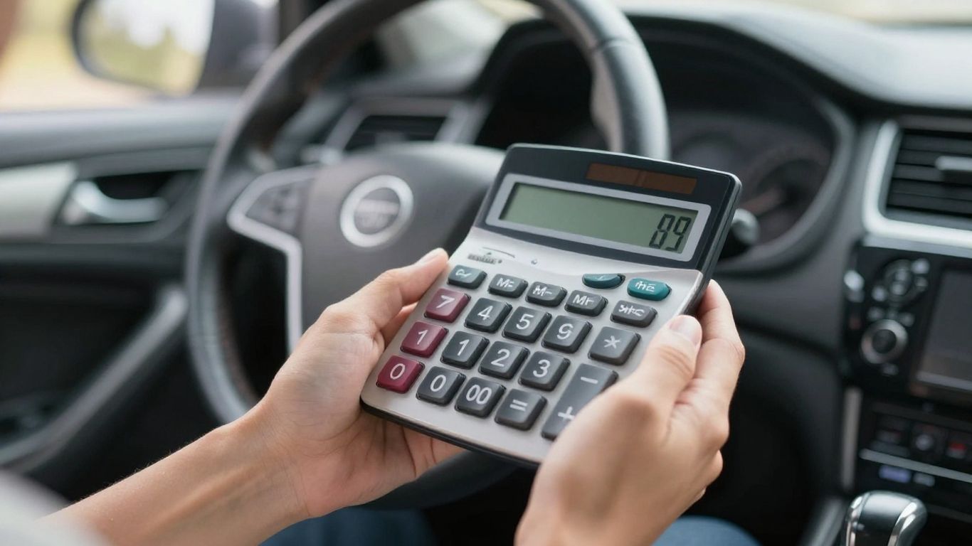 Hands holding a calculator for car loan payment.