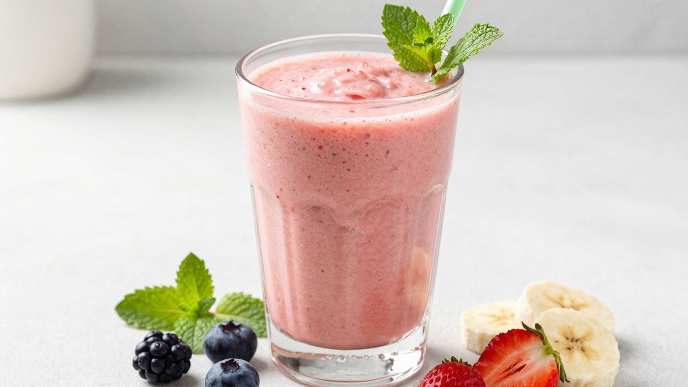 Herbalife shake with fruits and mint garnish.