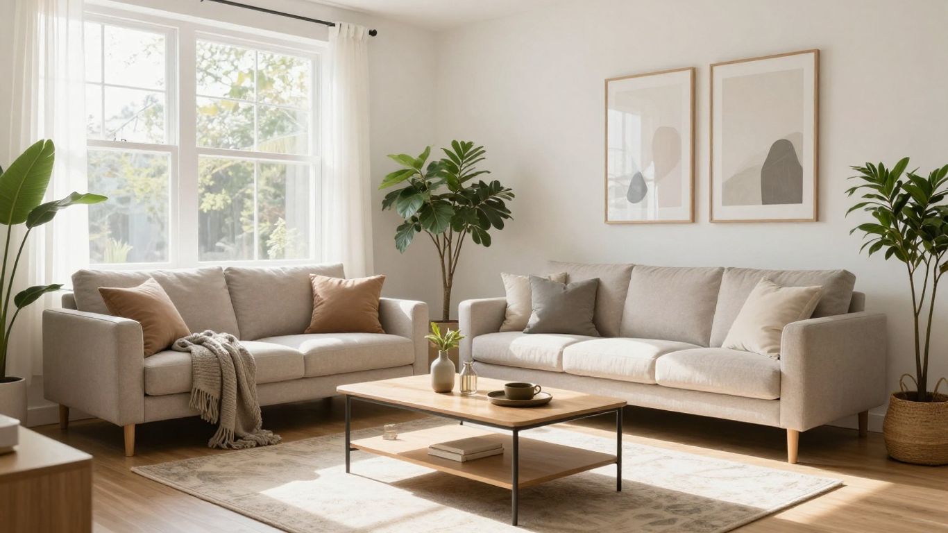 Stylish furniture in a sunlit Savannah Airbnb living room.