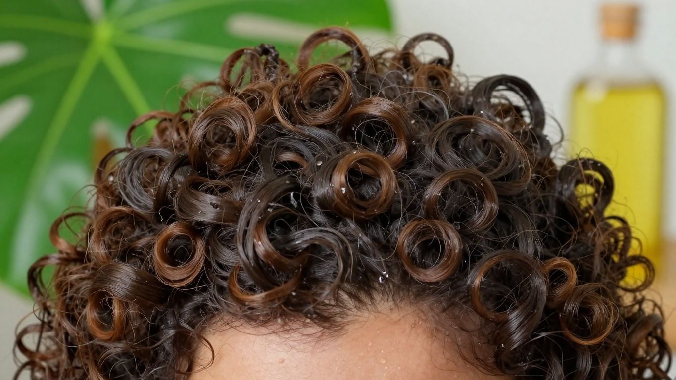 Healthy, hydrated, defined natural curls with water droplets.