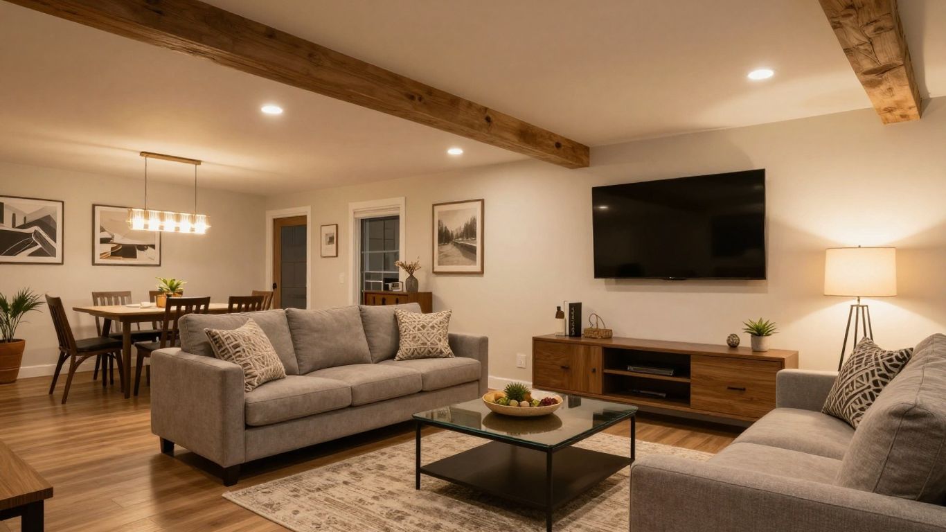 Finished basement living area with seating and decor.
