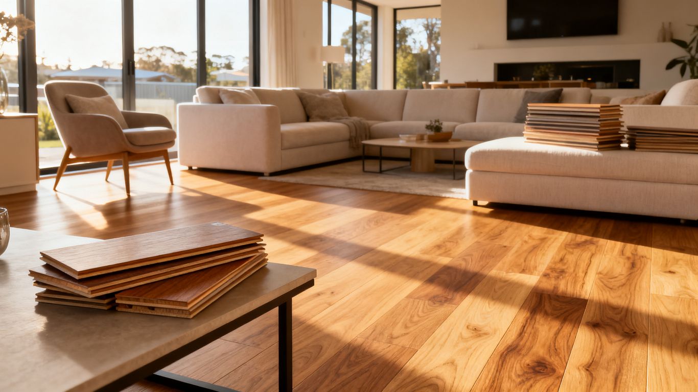 Engineered timber planks in a bright Australian room